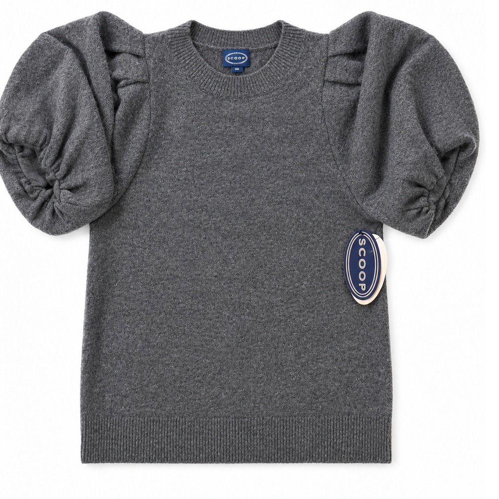 Scoop Puff Shoulder Sweater Tee Womens L 12-14 Heather Dark Charcoal Gray Knit